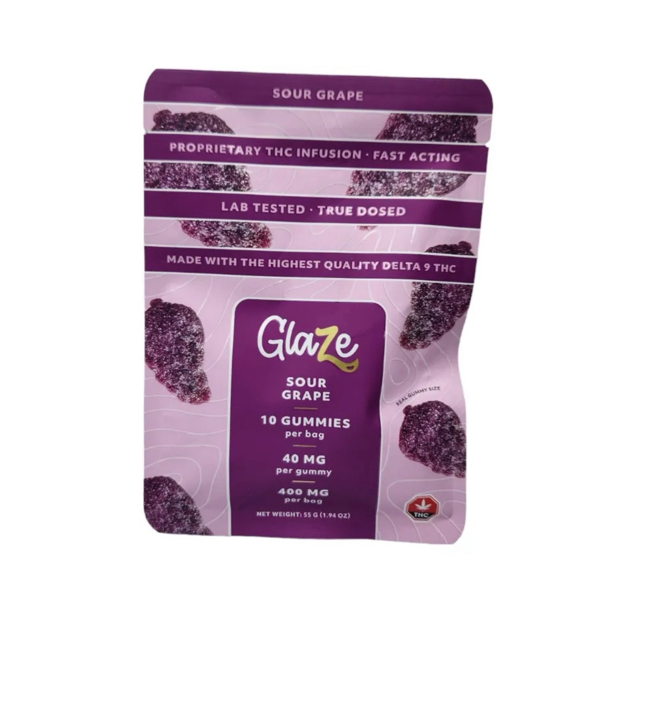 Glaze THC Sour Gummy Edibles – 5 Fruit Flavors 40mg/piece (10-Pack Gummy)